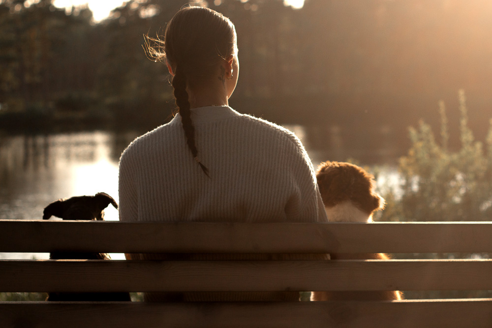 A girl with her dogs sitting on a bench at a lake.
