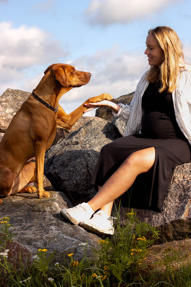 A portrait of a pregnant woman sitting on a rock with her dog.